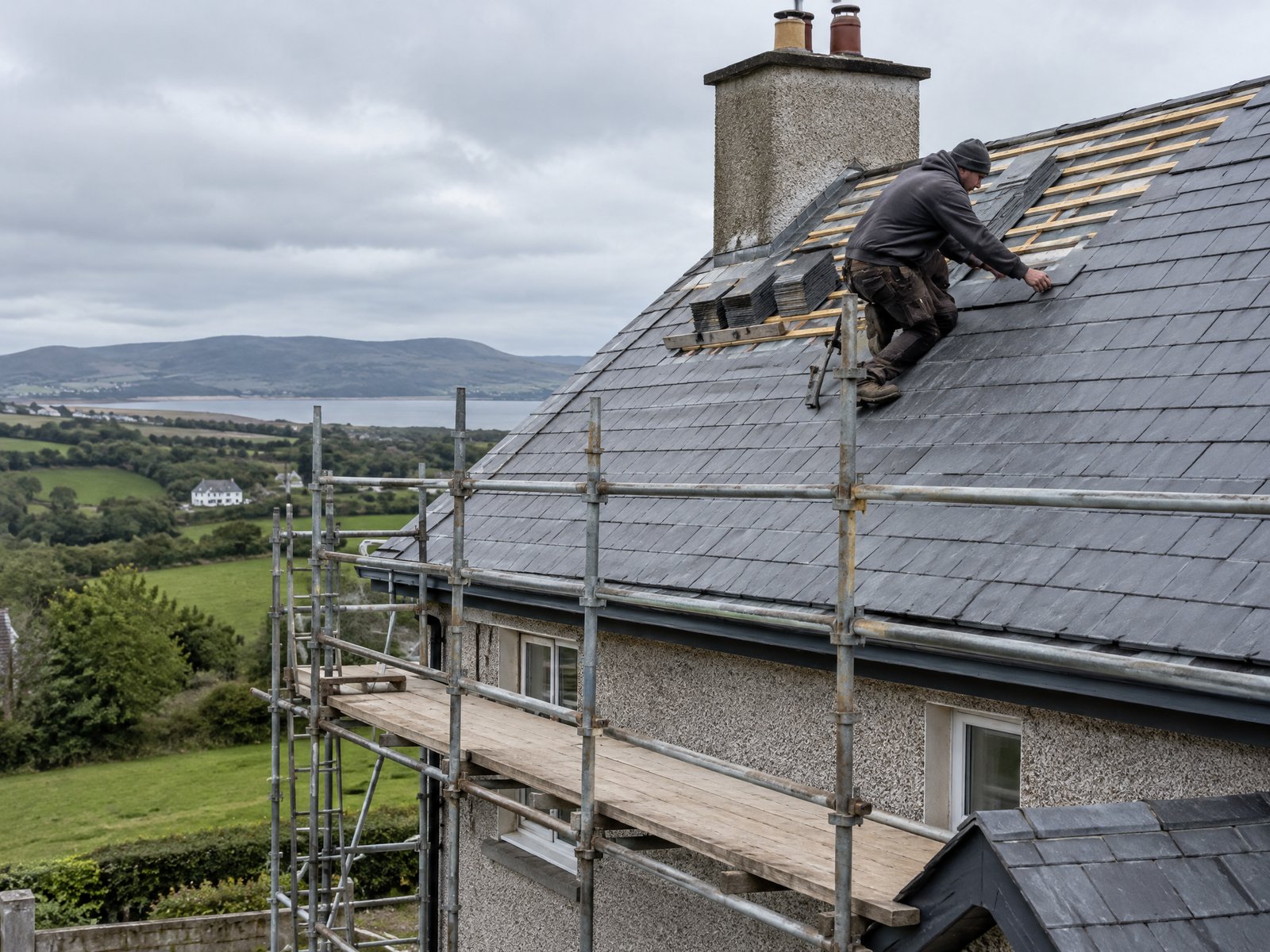 Roofer slating a house roof in Northern Ireland